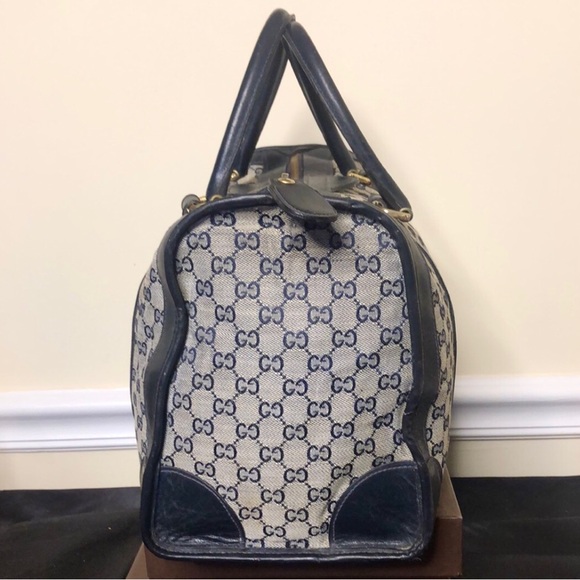 M GUCCI Navy GG Monogram Rolled Top Handle Coated Canvas Boston Travel Bag 30cm - Picture 11 of 17